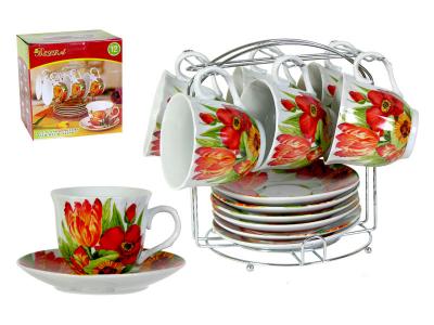 Чайный набор на 6 персон на металлической подставке Красные цветы