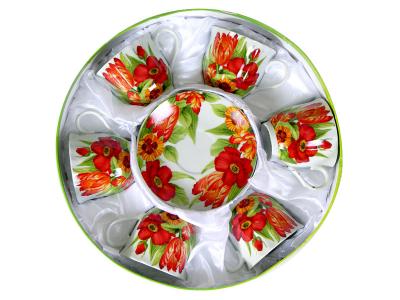 Чайный набор на 6 персон на шелке Красные цветы
