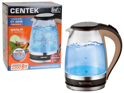 Чайник эл 1, 7л Centek стекло 2200Вт, внутренняя LED подсветка Centek